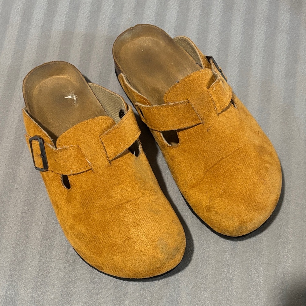 Mustard Suede Slide Clogs with Buckle